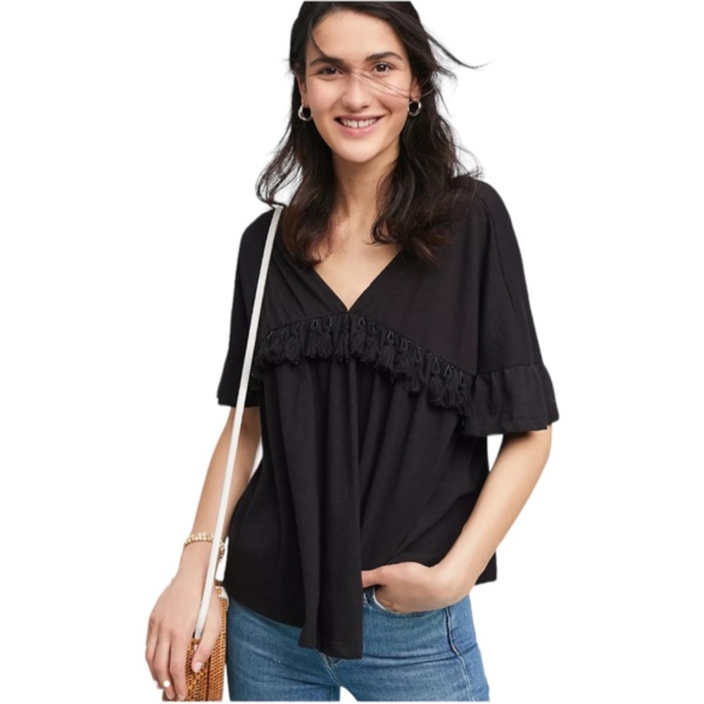 Mustard Seed Women's Small Anthropologie Tassel Black Shirt Blouse Top Basic